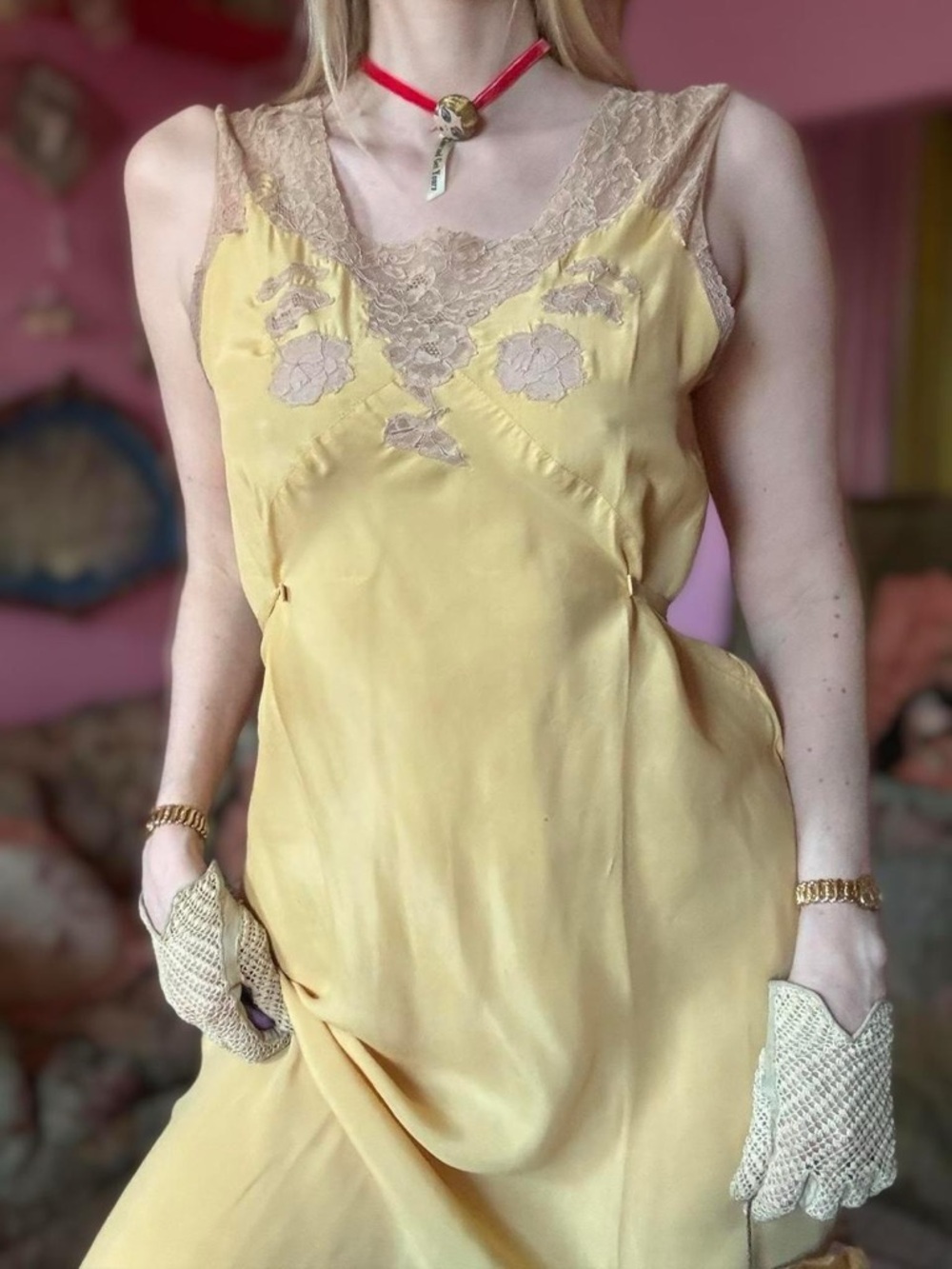 1930s Butter Yellow Bias Cut Rayon Slip Dress, Size M-L - Picture 2 of 8